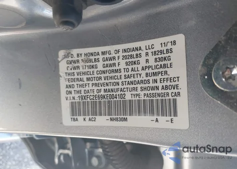 2019 Honda Civic Lx from USA, damaged, VIN 19XFC2E69KE004102